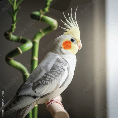 Cute cockatiel parrot with yellow crest perched on wooden stick next to green bamboo plant indoors with white bird with soft light