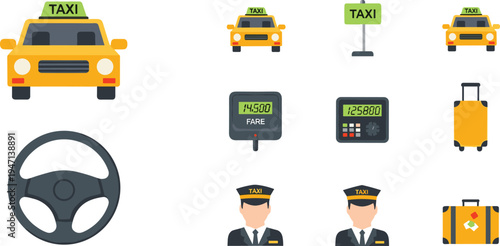 Taxi Service Icons Set with Cab Cars Steering Wheel POS Payment Terminal Driver and Luggage, Urban Transportation Vector Illustration Collection