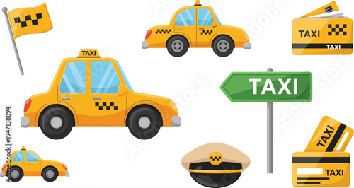 Taxi Service Elements Set with Yellow Cab Cars Taxi Sign Driver Cap Flag and Fare Card, Urban Transportation Vector Illustration Collection