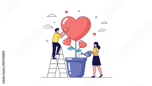 Couple gardening heart-shaped tree symbolizes love and relationship growth through care and mutual effort in a blue pot.