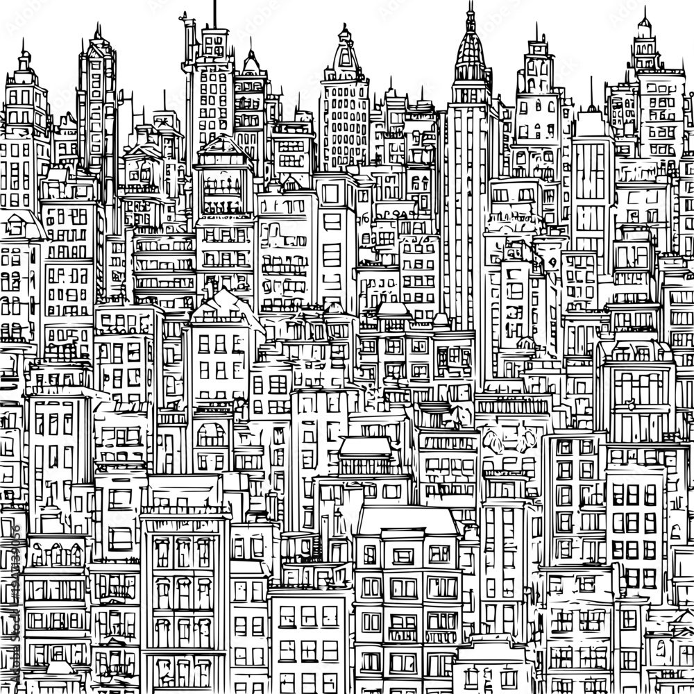 Obraz premium Intricate black and white line art drawing depicting a dense sprawling cityscape filled with diverse architectural styles of tall buildings and skyscrapers creating a classic