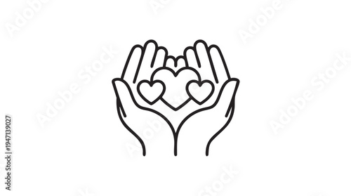 Hands holding hearts in minimalist line art for love and care