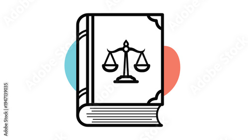 Legal law book with scales of justice symbol and colored circles on white background for judiciary and litigation concepts.