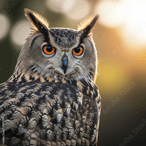Majestic great horned owl close-up portrait with intense orange eyes and soft golden sunset background with natural light