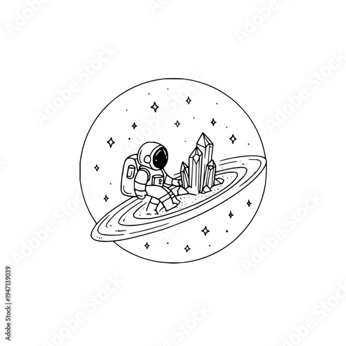 Whimsical astronaut exploring a crystalline planet with vibrant geometric crystals surrounded by a ringed celestial body and twinkling stars presented in a charming hand drawn