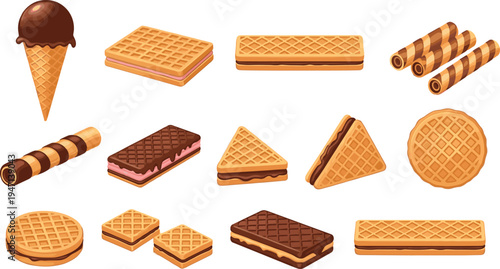 Variety of Wafers and Ice Cream Cones with Chocolate, Strawberry, and Cream Fillings for Dessert, Sweet Treat, and Bakery Illustrations