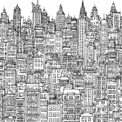 Intricate black and white line art drawing depicting a dense sprawling cityscape filled with diverse architectural styles of tall buildings and skyscrapers creating a classic