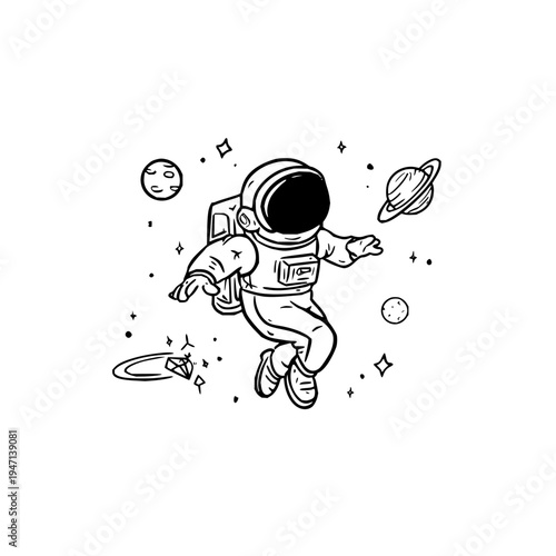 Whimsical black and white line art illustration of a joyful astronaut floating weightlessly in outer space surrounded by stylized planets stars and cosmic debris evoking a sense