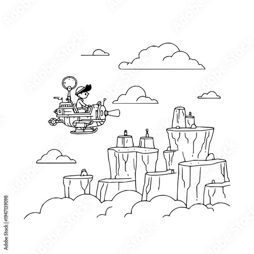 Whimsical boy pilot in a steampunk inspired flying machine soars through a fantastical cloud filled sky above floating islands with strange structures evoking a sense of adventure