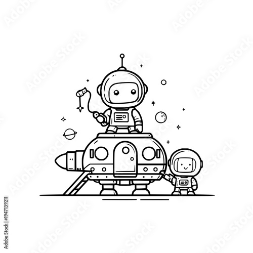 Whimsical cartoon astronauts with cute robot companion exploring outer space aboard a detailed rocket ship featuring playful stars and planets perfect for children's book