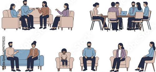 People Engaging in Conversations and Discussions in Casual Home and Office Settings for Social Interaction, Family, and Work Illustrations