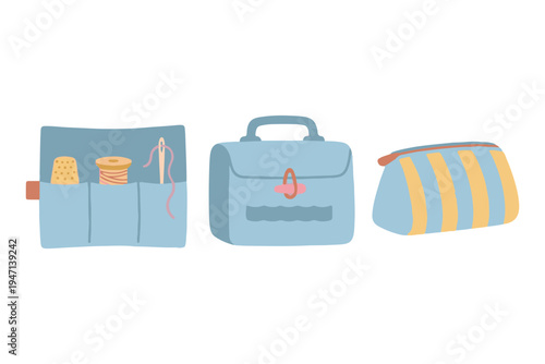 Set of sewing kits and craft organizer bags for hobbyist flat vector illustration