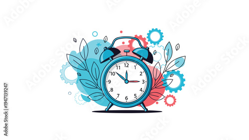 Classic blue alarm clock surrounded by colorful gears and green leaves representing time management and productivity in workplace.