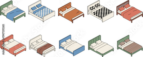 Various Bed Designs with Different Styles and Bedding for Bedroom Furniture and Interior Design Illustrations