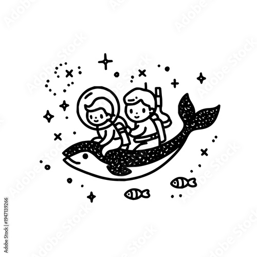 Whimsical illustration of two adorable cartoon children one in a retro astronaut helmet and the other with scuba gear joyfully riding a stylized black and white killer whale