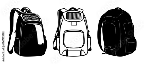 Solar-powered backpack set with solid black fill on white background featuring solar panel, backpack, tech with nomadic lifestyle and sustainability