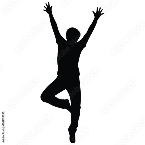 Excited jumping man with raised hands vector illustration, person celebrating success