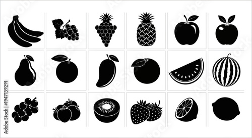 Collection of assorted fruit icons in black silhouette on white background for design and decoration