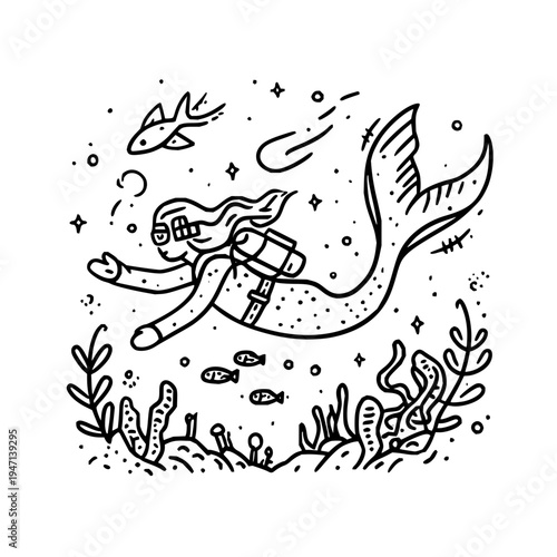 Whimsical mermaid with scuba gear and a backpack gracefully swims through a vibrant underwater coral reef teeming with small fish and marine plants depicted in a charming hand