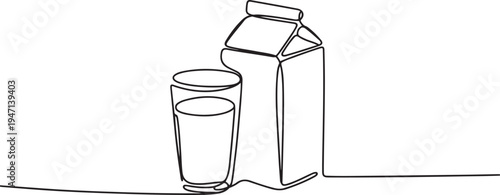 continuous single drawn one line a glass of milk and a milk package drawn from the hand a picture of the silhouette. line art. one line Icon drawing