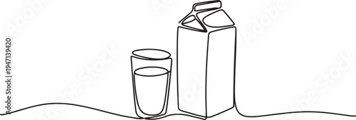 continuous single drawn one line a glass of milk and a milk package drawn from the hand a picture of the silhouette. line art. one line Icon drawing