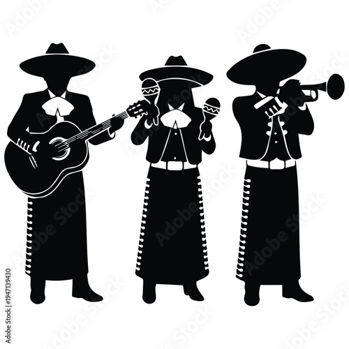 Mexican mariachi musicians playing music vector illustration, festive celebration.