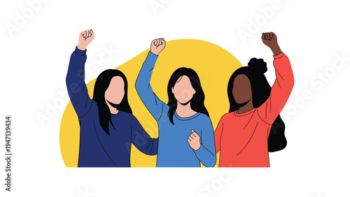 Group of diverse women standing together with raised fists symbolizing female empowerment, solidarity, and the fight for equality.