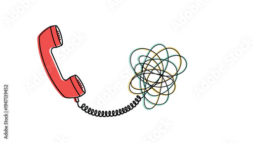 Red telephone receiver with a tangled wire cord illustrating complex communication problems and customer support issues.