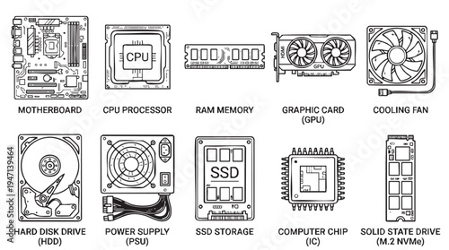 Computer hardware components in technical line art drawing for technology education