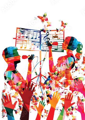 Silhouette of singers rehearsing with a music stand and sheet music notes on a vibrant artistic background for a classical performance