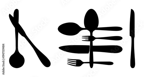 Utensils set with solid black silhouettes of fork, knife, spoon arranged vertically featuring minimalistic, line art, icons with flat design and 2D graphics