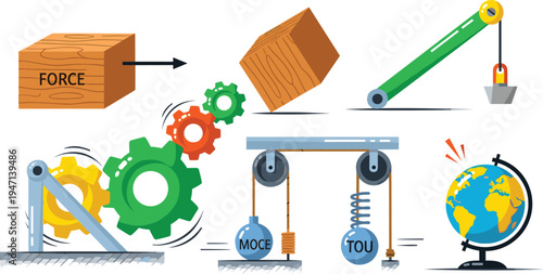 Physics Mechanics Concepts with Force Motion Pulley Lever Gears and Gravity Globe Diagrams, Educational Science Principles Vector Illustration Set