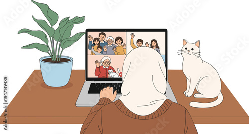 Remote Video Call Meeting at Home Workspace with Person Using Laptop, Online Communication with Friends or Family and Cat Sitting on Desk