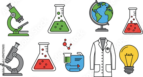 Science Education Icons Set with Microscope Laboratory Flasks Globe Light Bulb and Lab Coat, STEM Research and Chemistry Study Vector Illustration