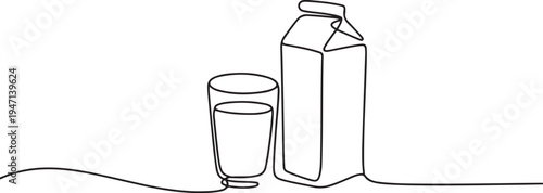 continuous single drawn one line a glass of milk and a milk package drawn from the hand a picture of the silhouette. line art. one line Icon drawing