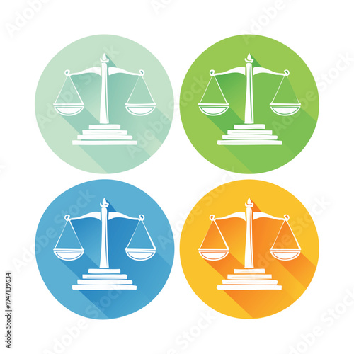 Scales of justice icons in colorful circles for legal and ethical concepts