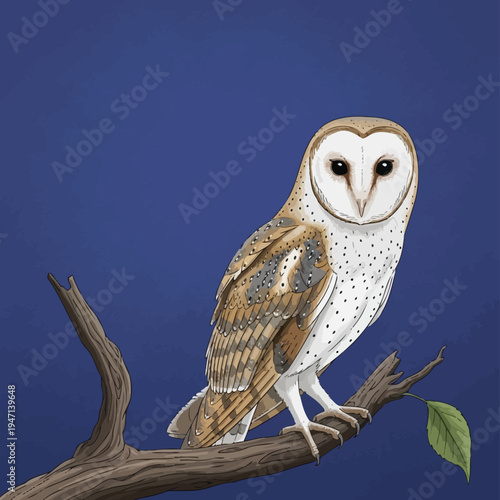 Barn owl perched on a tree branch against a dark blue night sky, detailed illustration, a meticulously illustrated barn owl is perched calmly on a sturdy tree branch