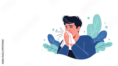 Young man sneezing into a white tissue while suffering from seasonal allergies or common cold symptoms in a decorative natural setting.
