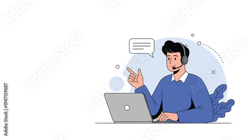 Male customer support agent with a headset works at a laptop computer to provide assistance and solve client problems in a modern office.