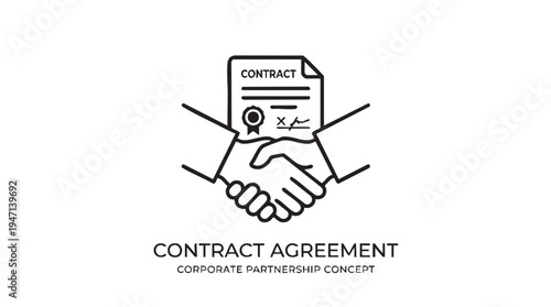 Minimalist line art vector illustration depicting two hands shaking firmly over a signed legal document symbolizing a finalized contract agreement or business deal.