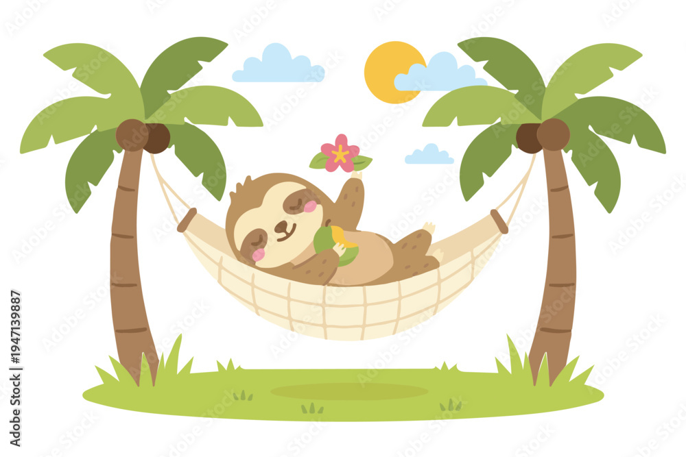 Fototapeta premium Adorable sloth sleeping on a hammock between palm trees flat vector