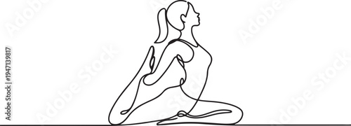 one continuous drawn line of yoga drawn from the hand picture silhouette. Line art. character female athlete. one line Icon drawing