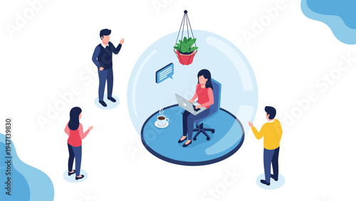 Woman working peacefully inside a glass bubble for protection and social distancing while others communicate from outside the shield.