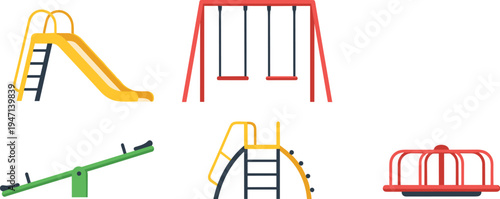 Kids Playground Equipment Set with Slide Swings Seesaw Climbing Frame and Merry Go Round, Children Outdoor Park Play Vector Illustration