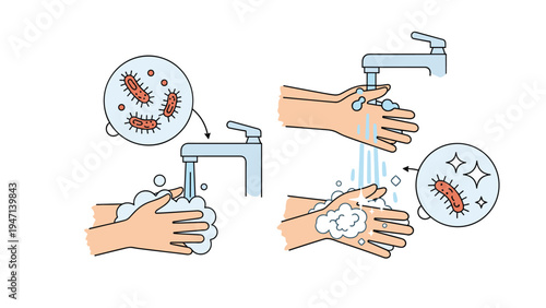 Illustrative steps showing how to wash hands properly with soap and water to remove germs and bacteria for better personal hygiene.