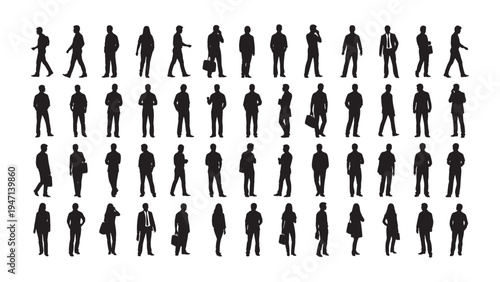 Diverse collection of black human silhouettes in various poses and attire on silhouettes of people working group of standing business people vector