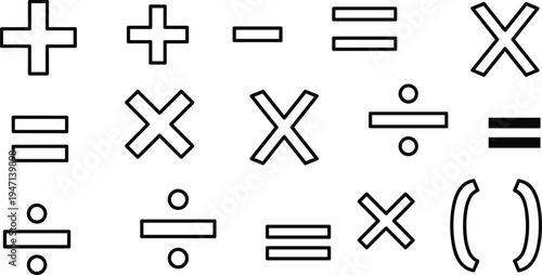 Mathematical Symbols Icon Set Including Addition Subtraction Multiplication Division Equal Signs and Parentheses, Education Math Formula Vector Illustration Collection