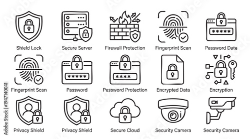 Essential line art vector graphic icons set illustrating various digital security concepts including authentication authorization and data protection measures