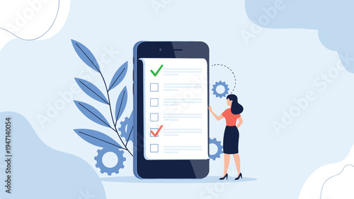 Business woman checking off a list of tasks on a giant smartphone screen to organize her daily schedule and improve productivity levels.