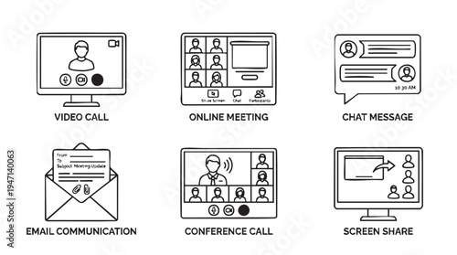 Essential black and white vector illustration set detailing various digital communication methods including video calls, online meetings, chat, email, conference calls, and screen sharing functions.